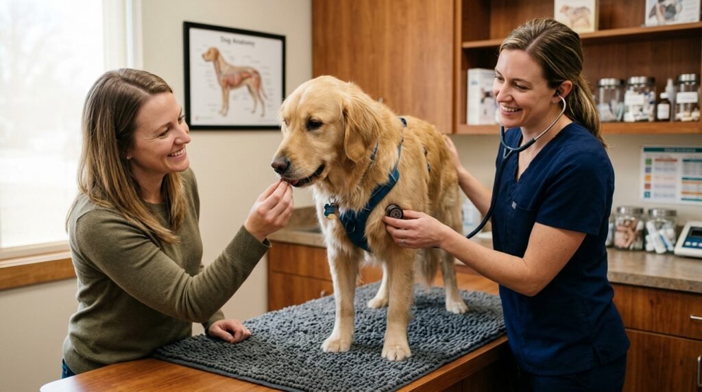 Veterinarian gently examining a calm dog while the owner provides a treat