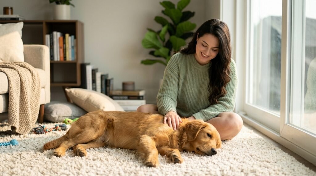 Owner helping a calm dog relax during a hiccup episode