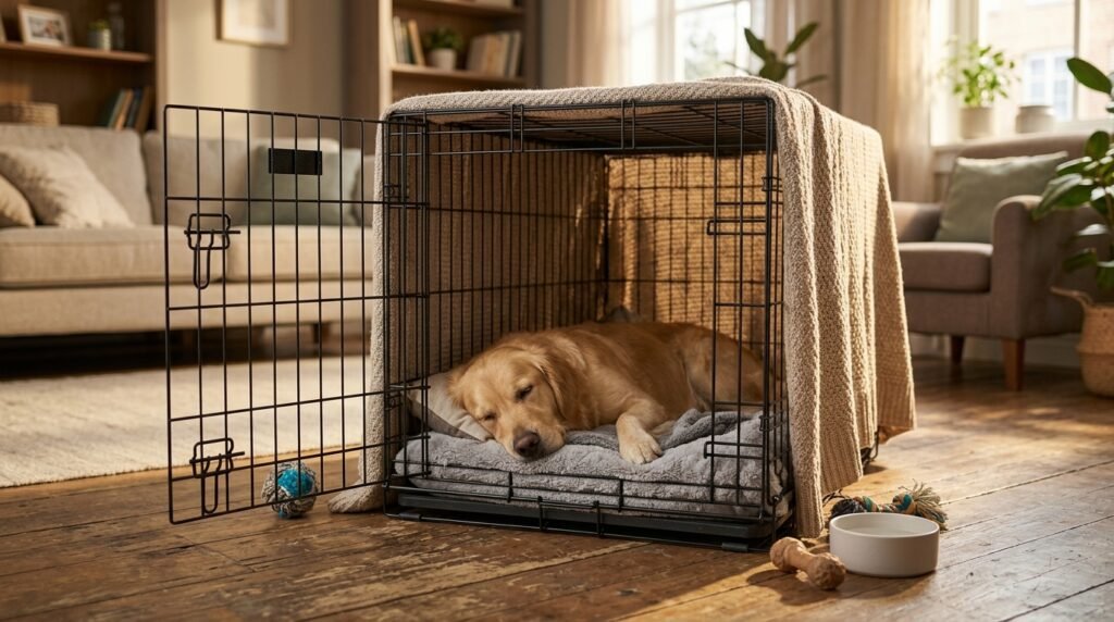 Dog resting comfortably inside a properly sized safe dog crate
