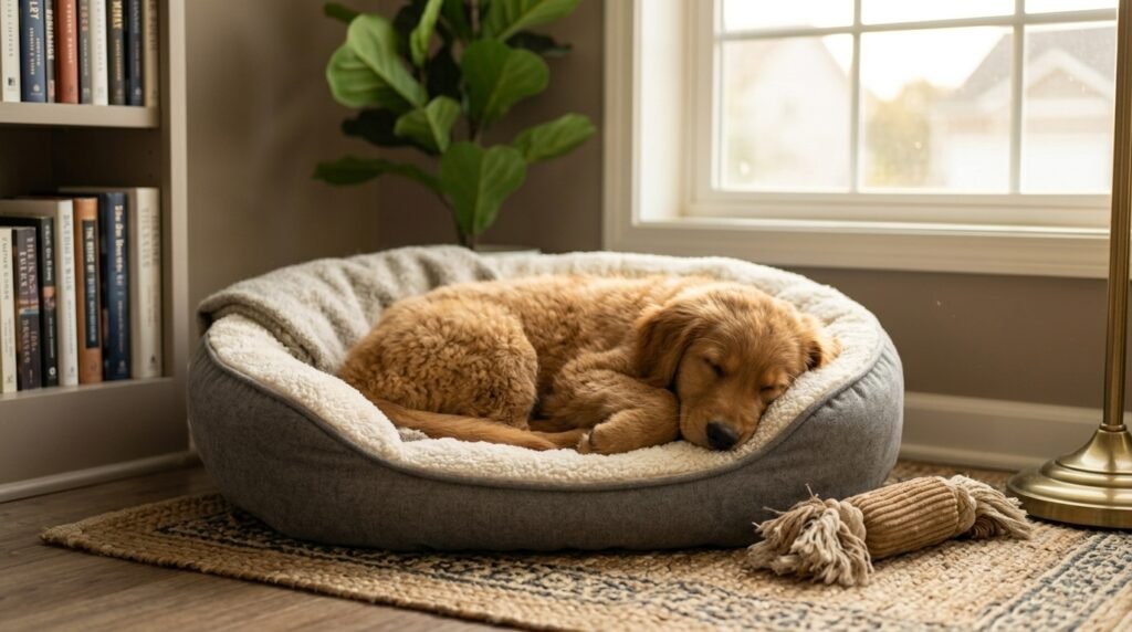 Nervous dog relaxing in a safe space at home