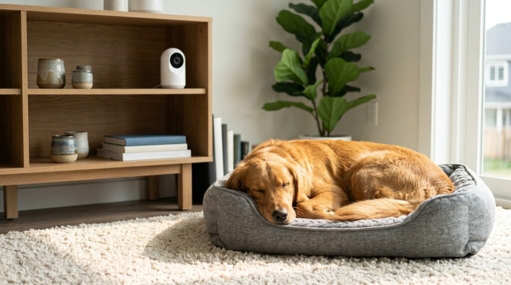 Pet camera monitoring a dog home alone for separation anxiety