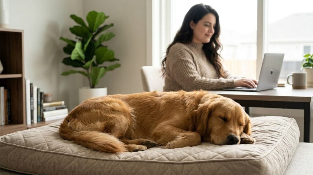 Dog relaxing independently on a bed while its owner works nearby