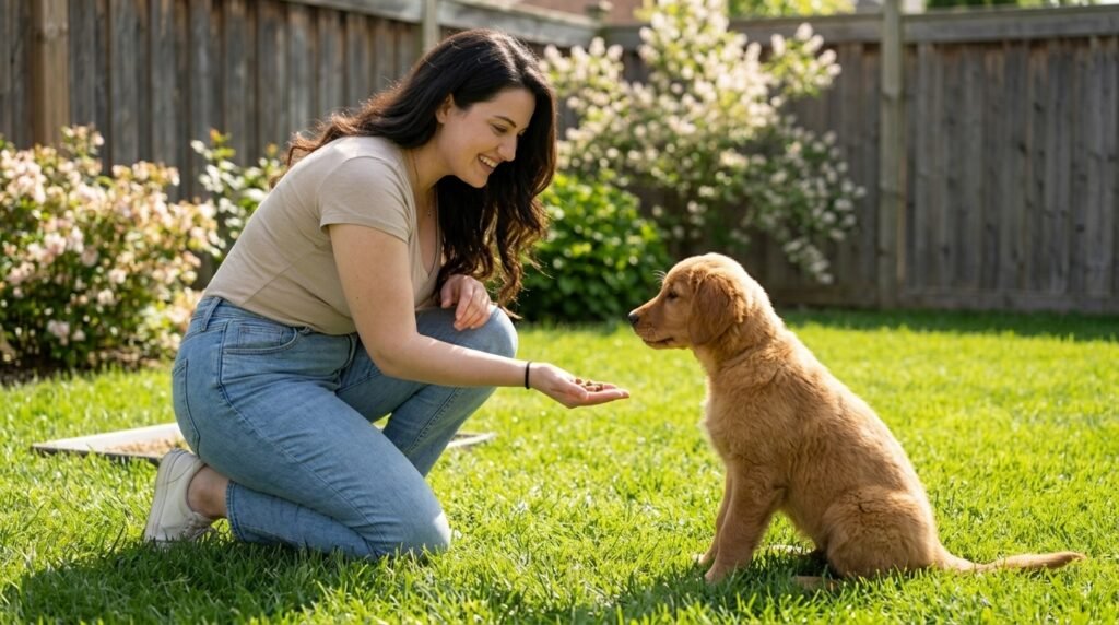Dog owner rewarding a dog for walking away from poop