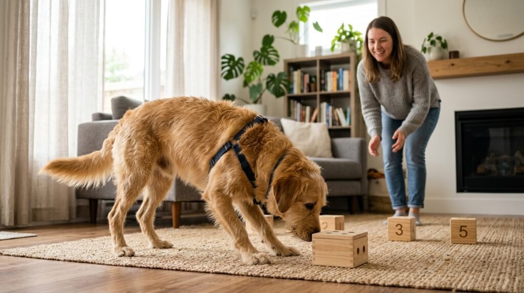 Dog searching for a hidden treat during an indoor scent game
