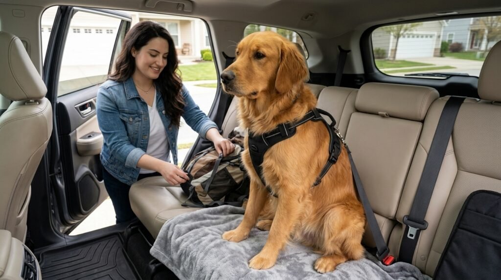 Dog safely secured in the rear seat during car travel