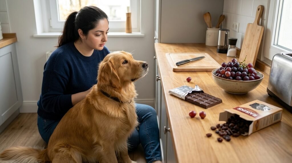 Dangerous foods for dogs including chocolate grapes and raisins