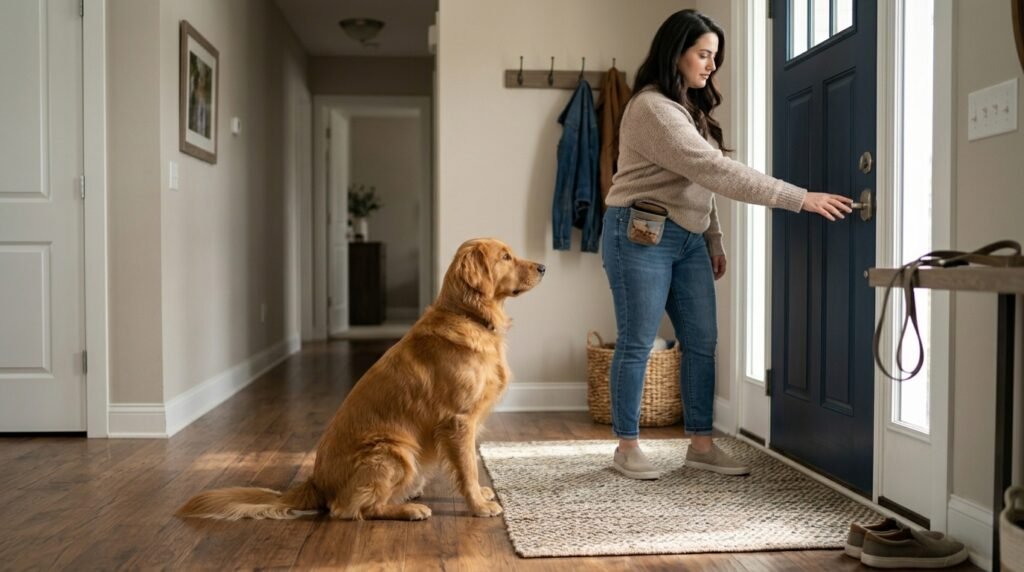 Dog practicing stay near the front door