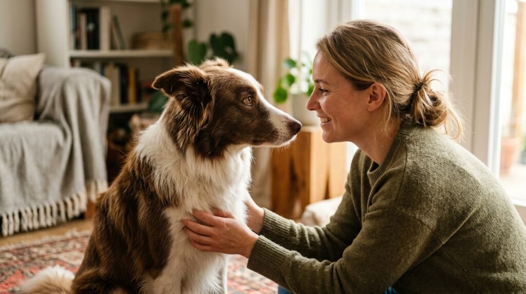 dog tilting its head while looking at owner
