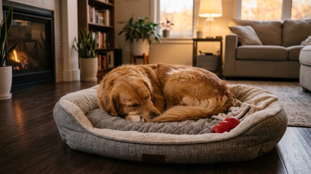 Dog peacefully sleeping after circling before lying down
