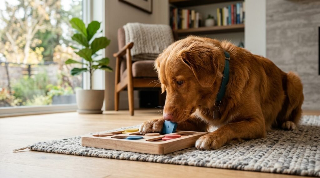Dog using a puzzle toy for mental stimulation indoors