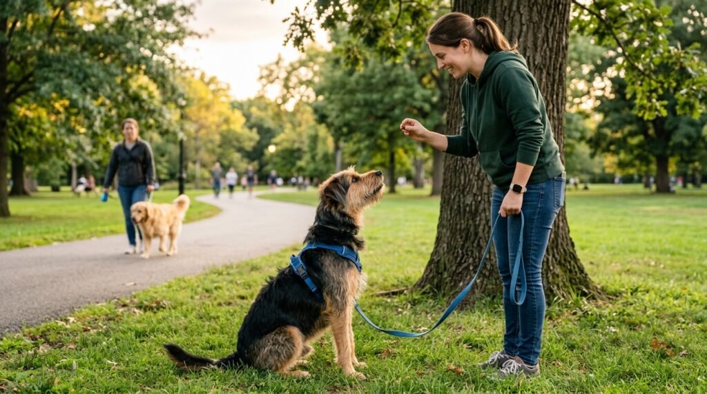 Dog focusing on owner while another dog passes nearby