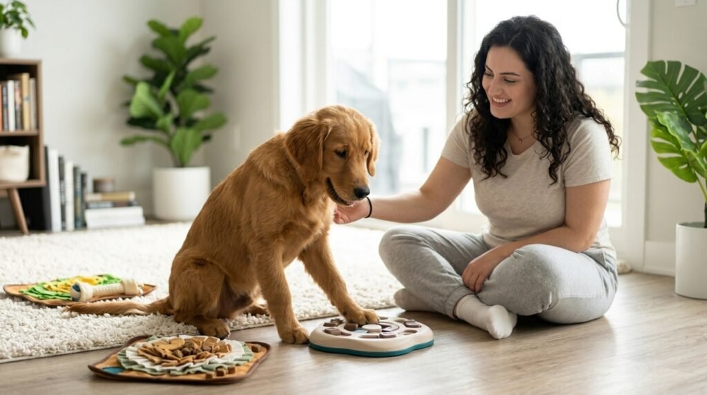 Dog using mental enrichment activities with owner