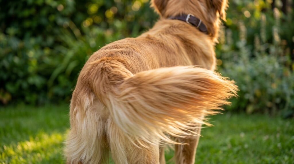 Close-up of a dog's tail mid-wag showing motion blur against a garden background