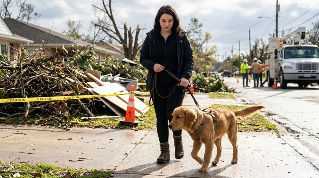 Dog safely walking on a leash after an emergency