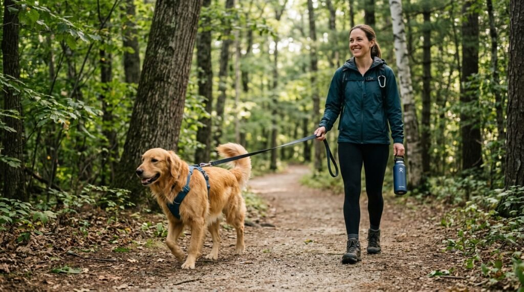 Dog walking safely with owner on a shaded nature trail