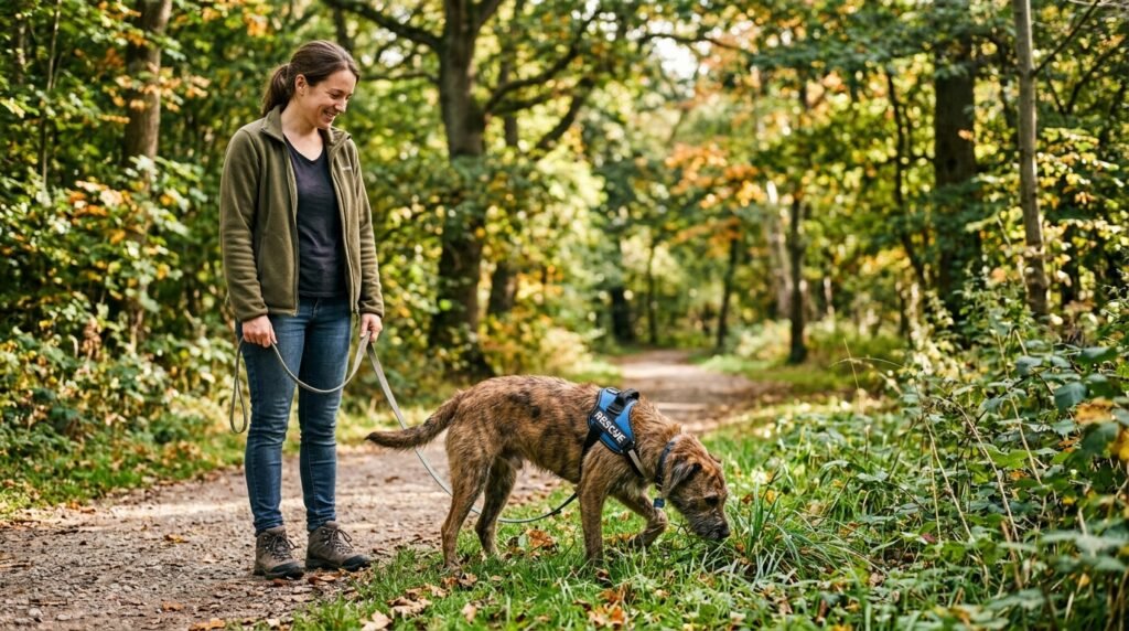 Owner spending focused quality time with a happy dog outdoors