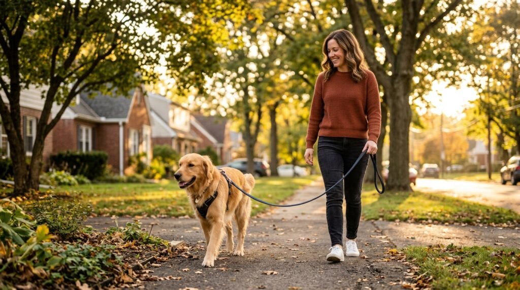 Dog walking on a loose leash next to its owner on a neighborhood sidewalk