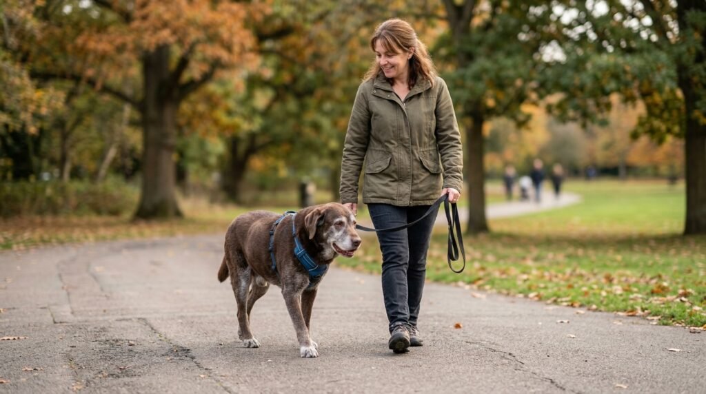 Senior dog walking carefully while a pet parent supports its mobility