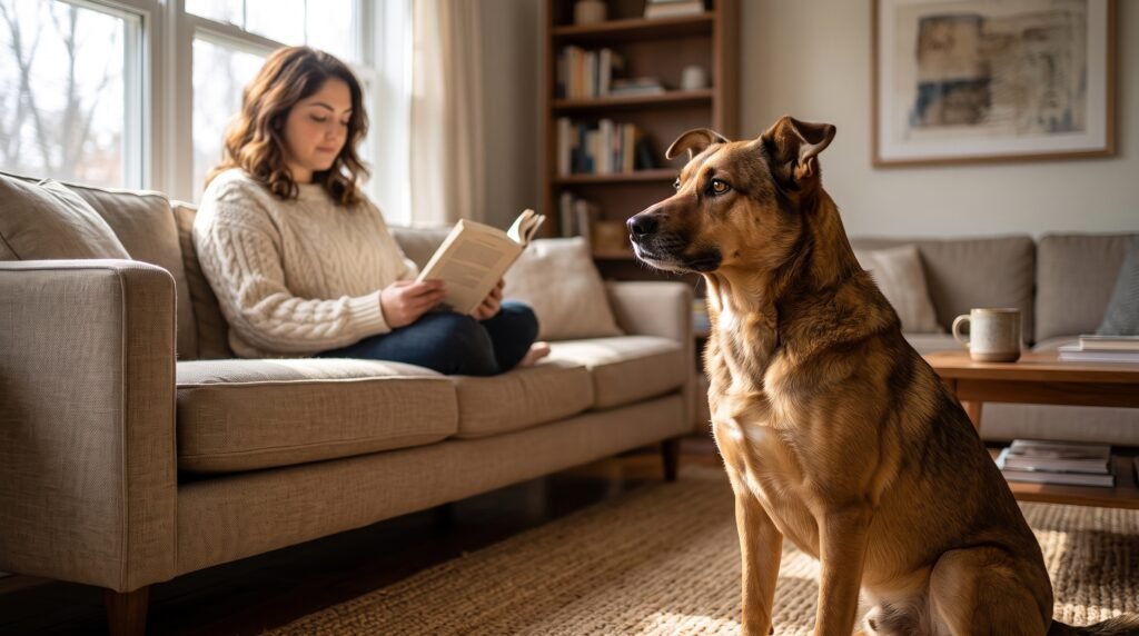 Attentive brown dog watching its owner closely from across a living room, illustrating canine body language