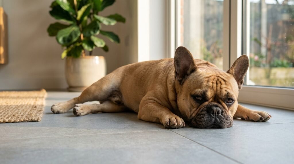 French Bulldog resting on a cool tiled floor indoors during a hot summer day
