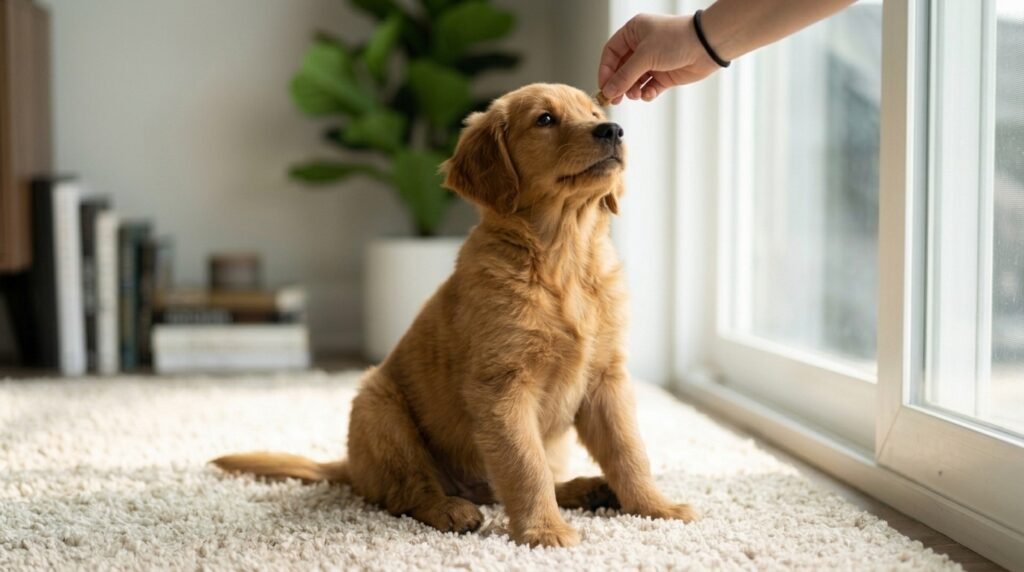 Dog learning basic commands during positive reinforcement training