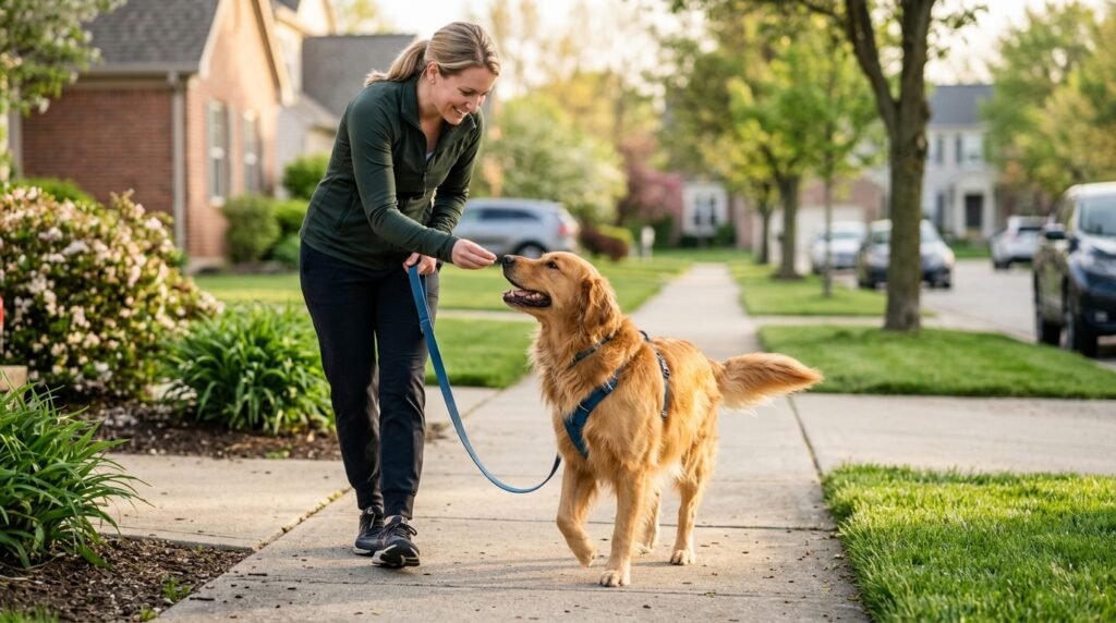 Owner rewarding a dog for walking calmly on a loose leash