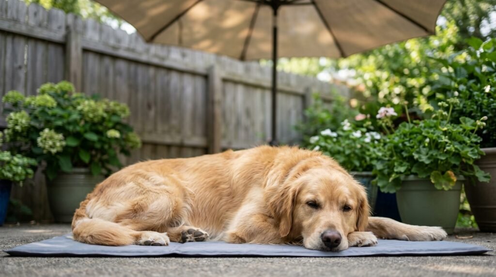 Preventing heatstroke in dogs — golden retriever resting on a cooling mat in a shaded backyard corner