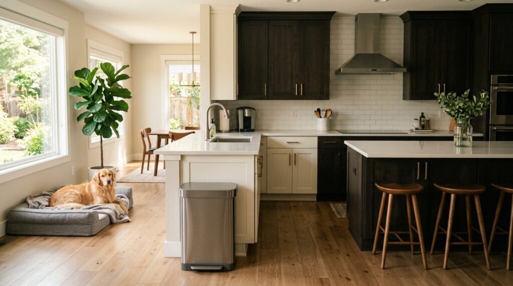 Dog-safe kitchen with human foods securely stored away from a curious dog