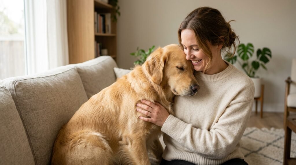 Relaxed dog enjoying gentle petting on the chest