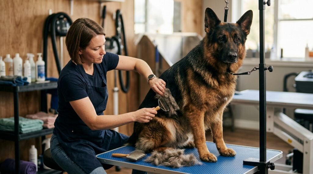 Double-coated dog being carefully brushed to remove loose undercoat