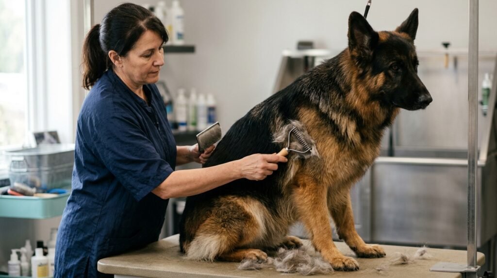 Dog receiving a gentle bath with pet-safe shampoo and lukewarm water