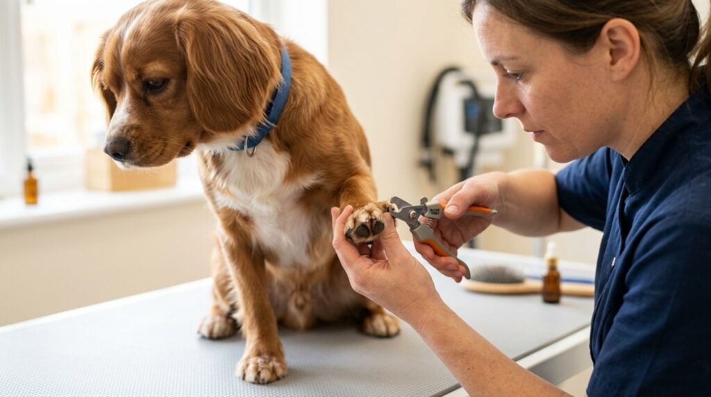 Dog receiving careful nail and paw care during a grooming session