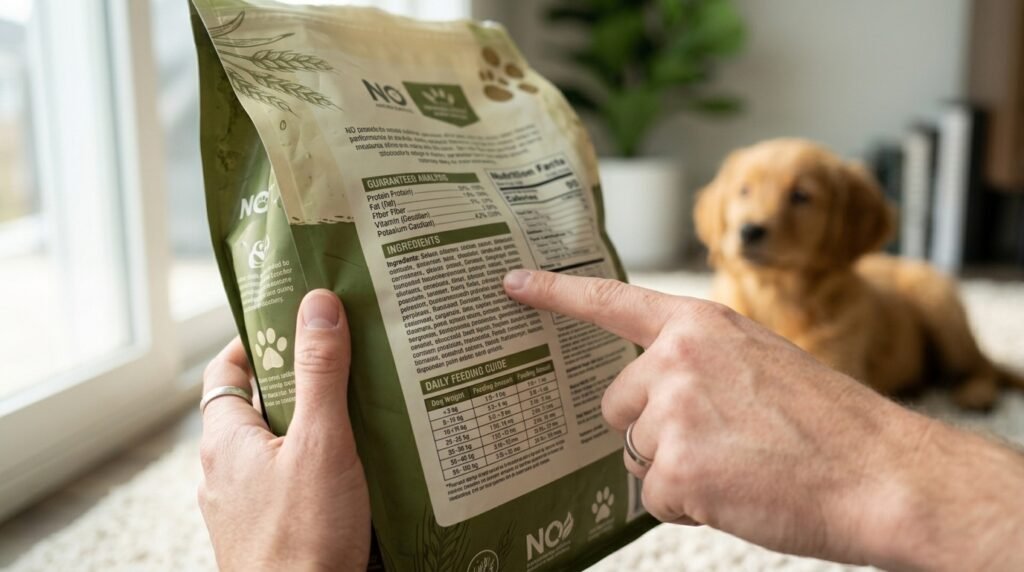 Owner checking ingredients and nutritional information on a dog food label.