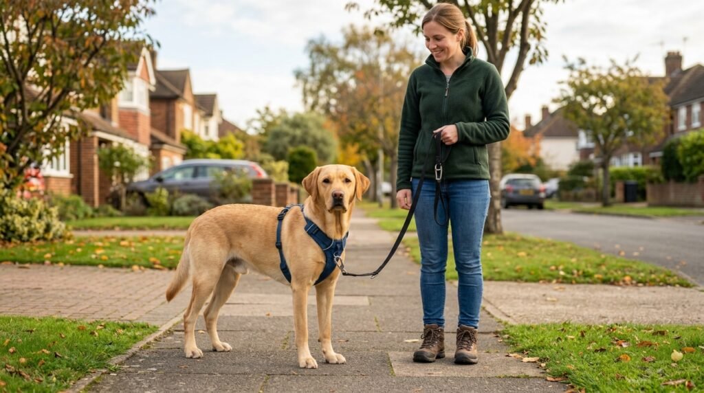 Dog wearing a properly fitted harness during leash training