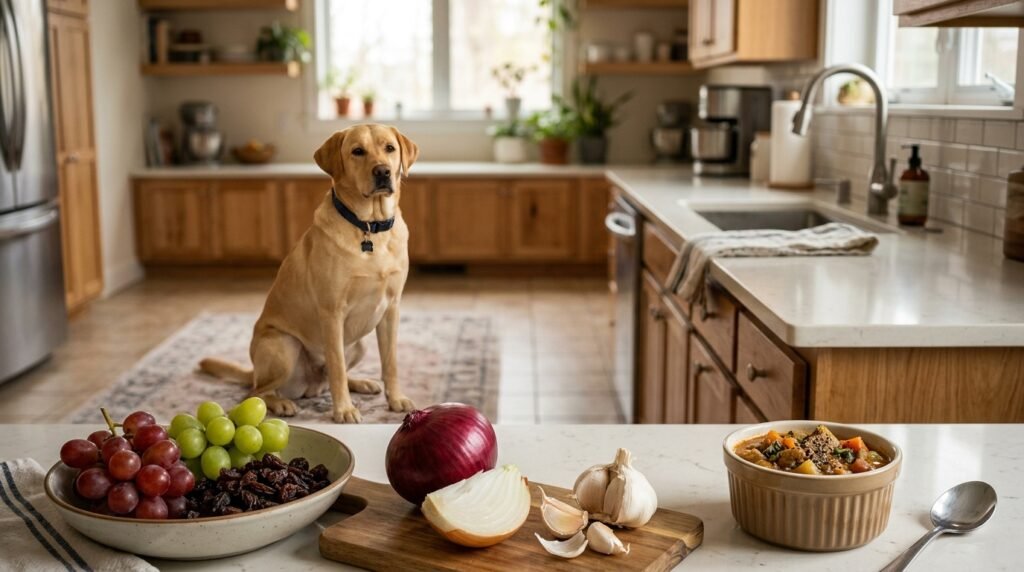 Grapes raisins onions and garlic arranged away from a curious dog