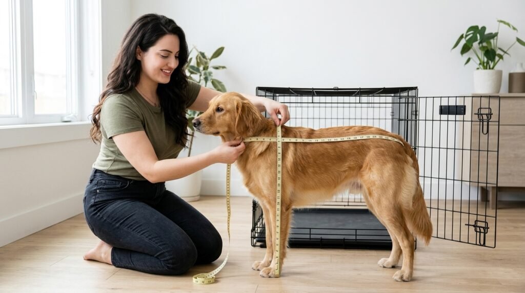 Dog owner measuring a dog to choose the right dog crate size