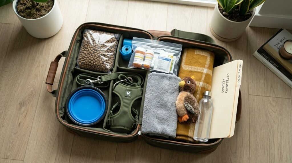 Dog travel bag packed with essential supplies
