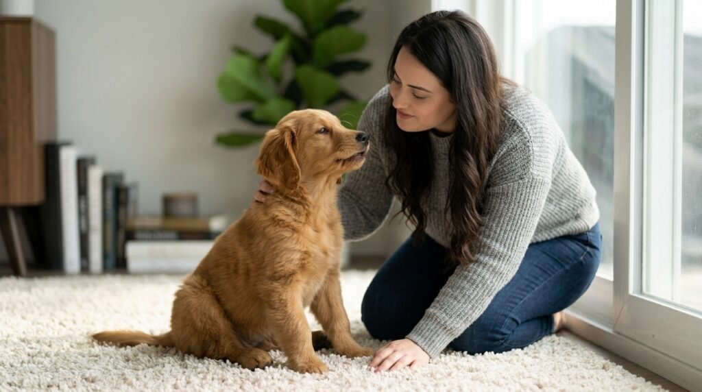 Dog owner calmly monitoring a reverse sneezing episode