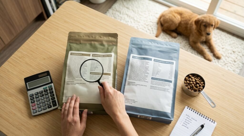 Dog owner comparing ingredient lists and nutrition labels on two dog foods.