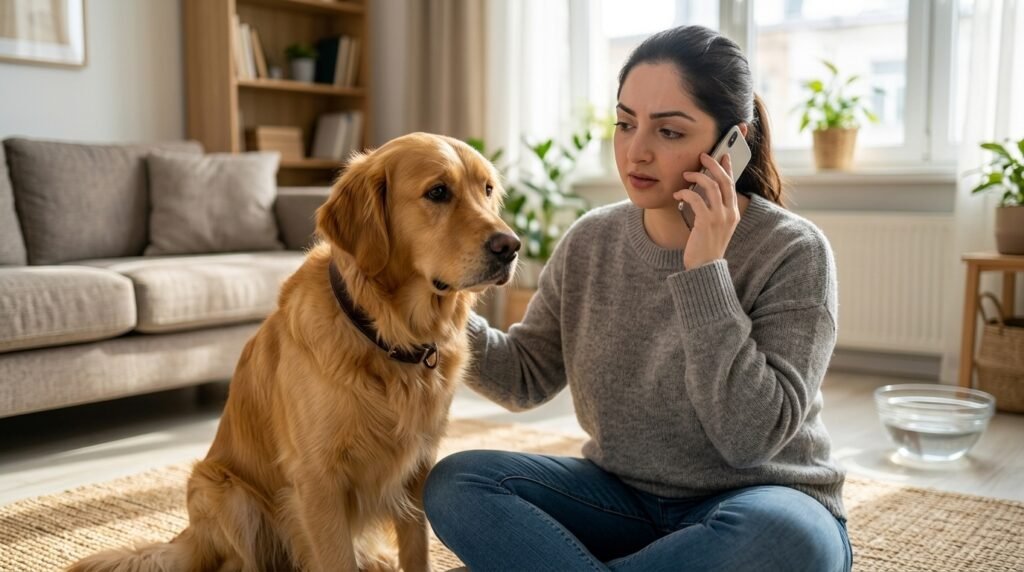 Female dog owner contacting a veterinarian after her dog ate dangerous food