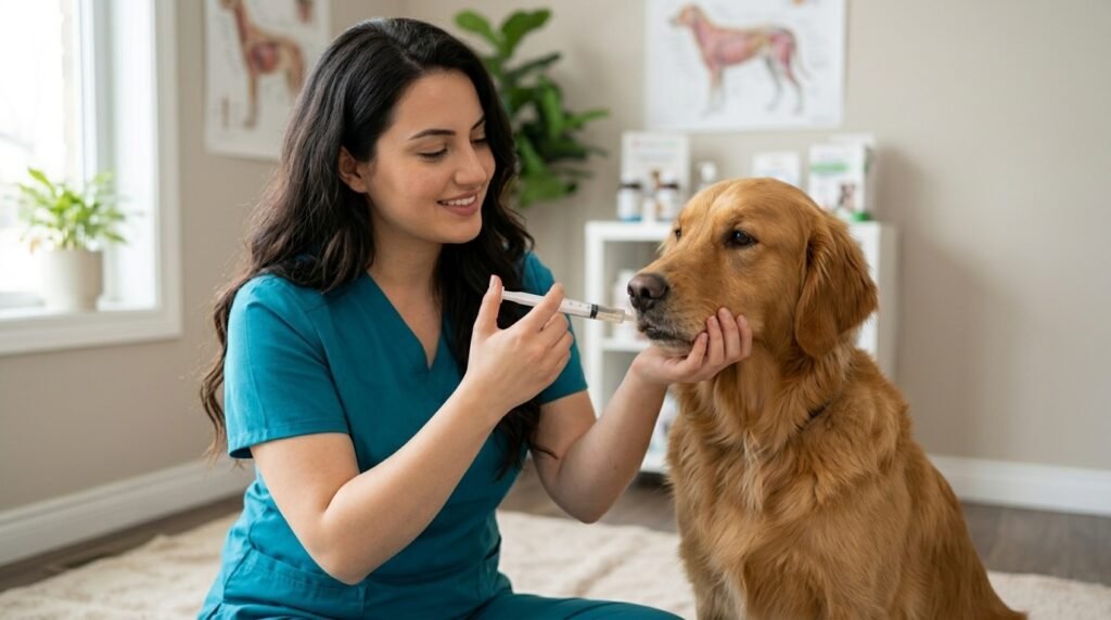 Dog owner safely giving liquid medicine with an oral syringe from the side of the mouth