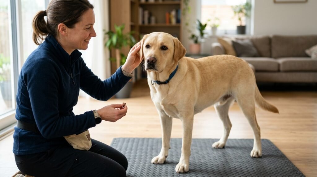 Dog learning to calmly accept paw handling during cooperative care training