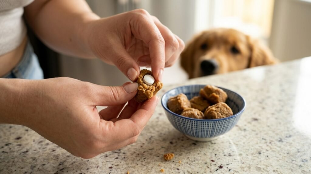Dog owner hiding medicine inside a soft treat to help a dog take a pill