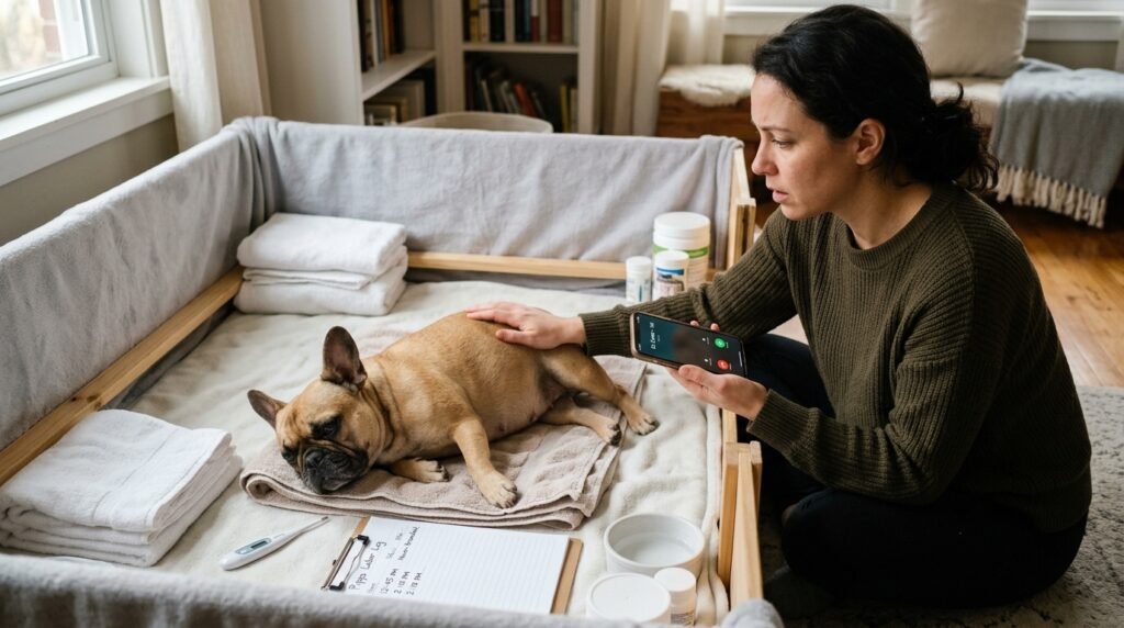 Pregnant dog showing signs of distress during labor while owner contacts a veterinarian