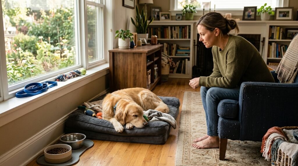 Pet parent observing a dog's appetite, energy, and behavior at home