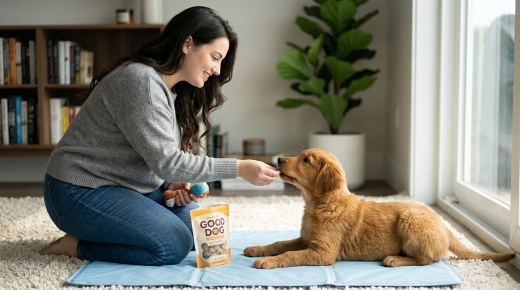 Owner rewarding a dog for calmly settling independently on a mat