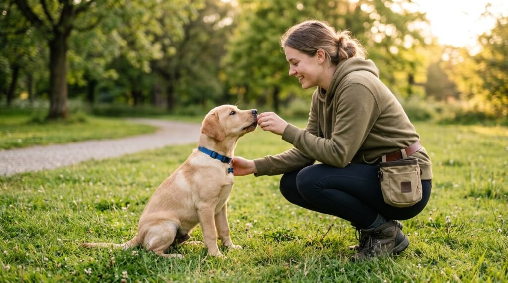 Owner using good manners training to teach a dog the sit command outdoors