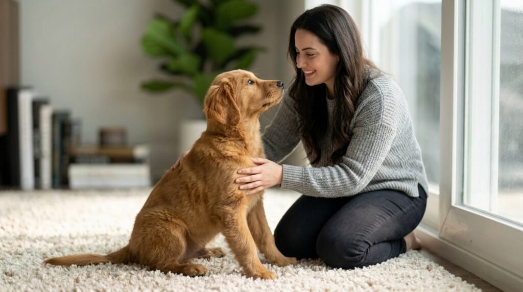 Owner calmly resetting a dog after it breaks the stay