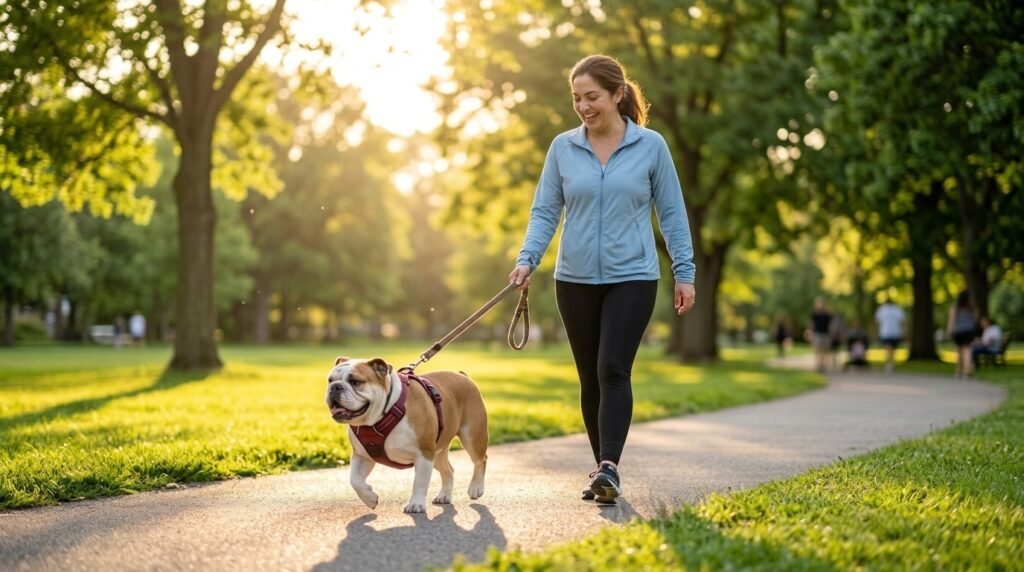 A healthy adult bulldog enjoying a walk in a sunny park with its owner.