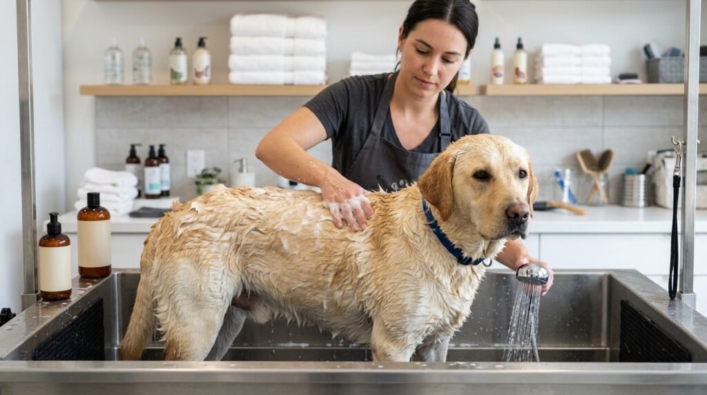 Dog owner using a suitable slicker brush on a long-haired dog